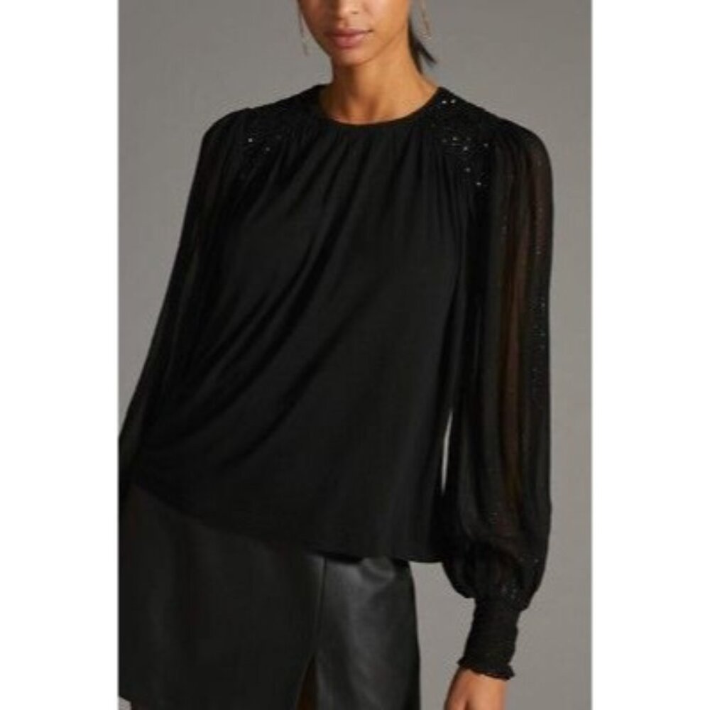NWT Anthro BLANK BL-NK LONDON SEQUIN EMBELLISHED BLOUSE TOP BLACK Size XS